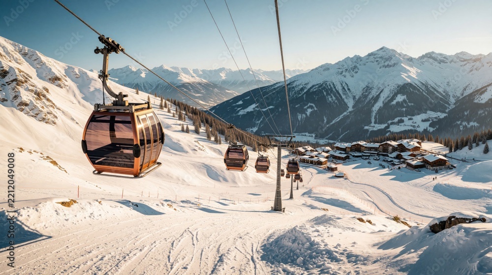 Fototapeta premium Modern gondola lift ascends snowy mountain slope at ski resort. Cable car cabin travels above white winter landscape, valley. Tourists enjoy scenic mountain view during winter vacation. Skiing,