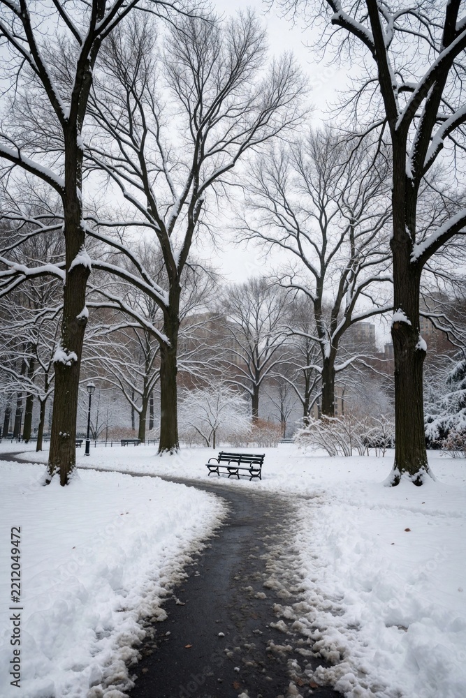 Obraz premium Snowy city park path leads through bare trees. Winter landscape features frozen ground, empty wooden bench. Cold season atmosphere in urban garden with white frost on branches, walkways. Quiet