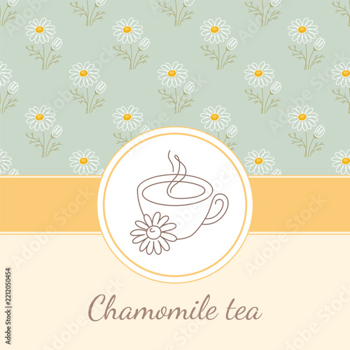 Chamomile tea cup with daisy floral pattern background