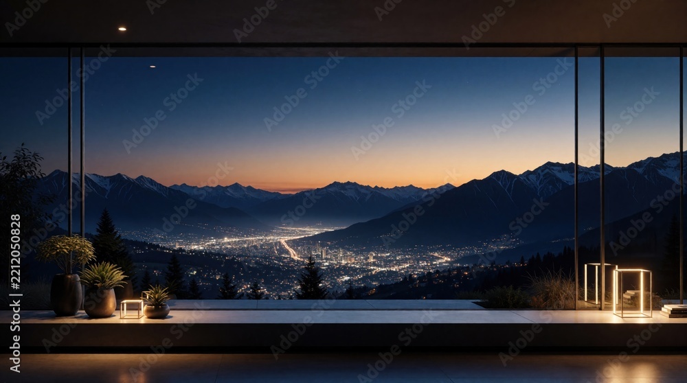 Fototapeta premium Modern luxury home interior with large glass window view of mountain range. Night city lights glow in valley below sunset sky. Minimalist living room terrace with plants, warm lamps creates calm