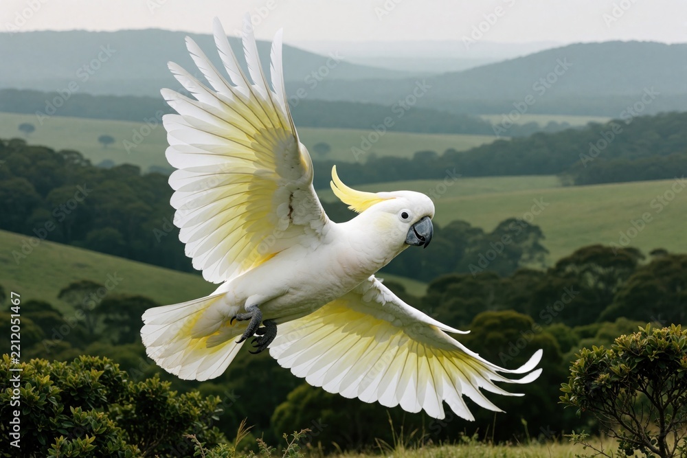 Obraz premium White sulphur crested cockatoo flies through air. Large parrot spreads wings wide during flight over green forest, hills. Beautiful tropical bird moves fast above trees in wild nature habitat.