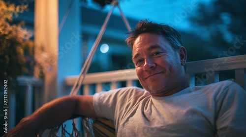 Portrait of a mature man relaxing on a porch swing at twilight.