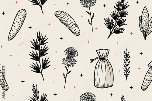 Herbal apothecary pattern with medicinal roots, flowers, leaves, and sachet in seamless minimalist botanical design expressing calm natural wellness