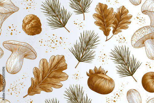Autumn botanical seamless pattern with oak leaf, pine needle sprig, mushroom, truffle and chestnut sketch in warm brown and green tones conveying calm seasonal mood