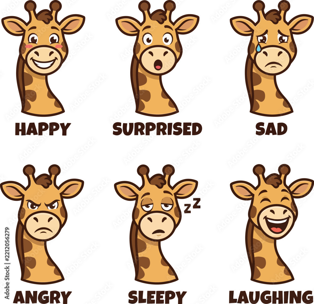 Fototapeta premium Cartoon giraffe faces showing various emotions set on white background