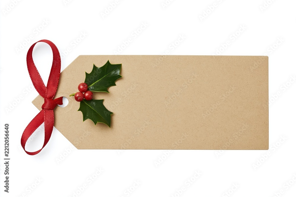 Obraz premium Tag and label for a christmas gift with a festive red ribbon and holly berry on brown kraft paper