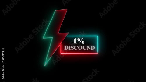 Discount 1% neon light sign, purple and blue colors, Glowing neon line of Discount sign banner for promo video. Shopping, great discount 1% and clearance, social media, communication
