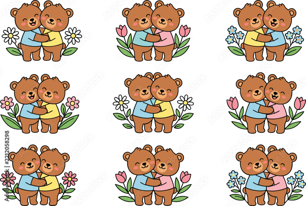 Fototapeta premium Cute Teddy Bears Hugging with Flowers Charming Cartoon Illustration