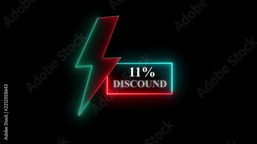 Discount 11% neon light sign, purple and blue colors, Glowing neon line of Discount sign banner for promo video. Shopping, great discount 11% and clearance, social media, communication