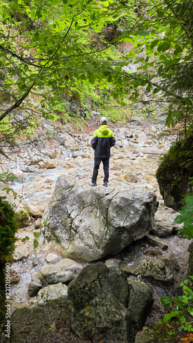 Hiker Exploring Rocky Forest Stream Beneath Lush Green Canopy Trail.