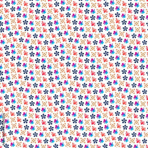 Seamless pattern of colorful splatters, pinwheels, and geometric