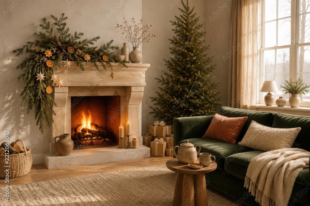 Obraz premium Cozy Christmas living room with fireplace, tree, and green sofa