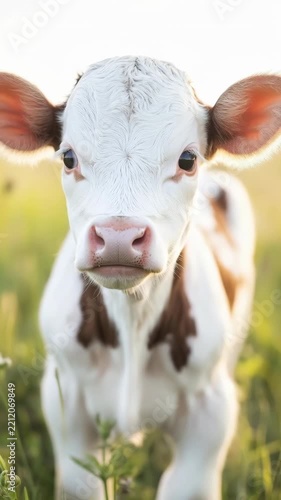 Cute baby cow in grassy field