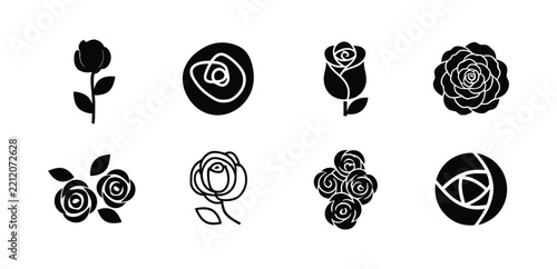 Black Rose Icons Set with Floral Botanical Vector Silhouette Shapes