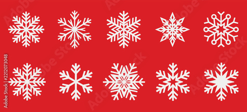 snowflake geometric icons set on red background for holiday graphics