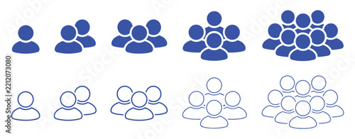 people icon set single to group silhouettes blue solid and outline