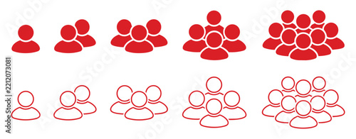 people icon set single to group silhouettes red solid and outline