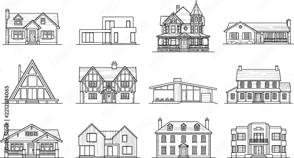 Obraz premium Set of Twelve Various Residential House Architectural Line Art Illustrations