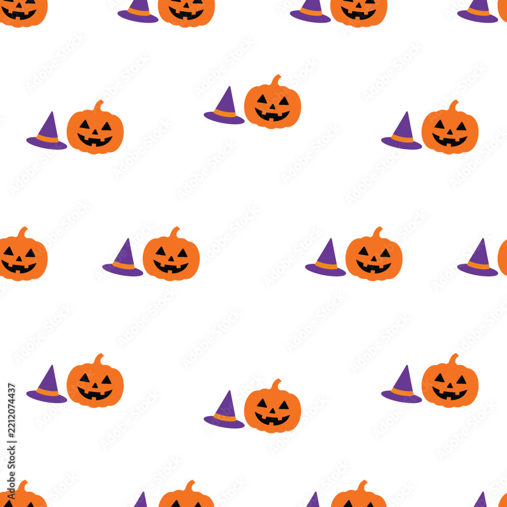Fototapeta premium Halloween seamless pattern with jack olantern pumpkins and witch hats.