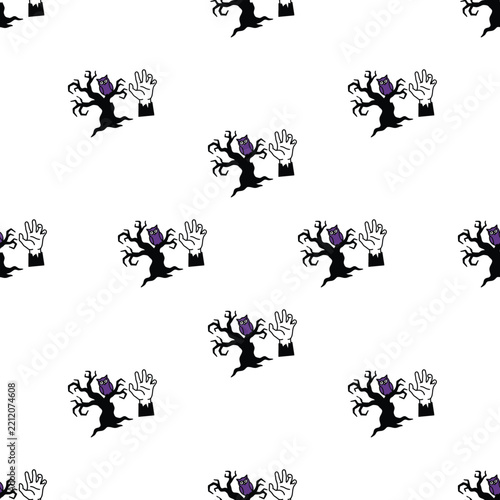 Halloween seamless pattern with spooky trees and hands.
