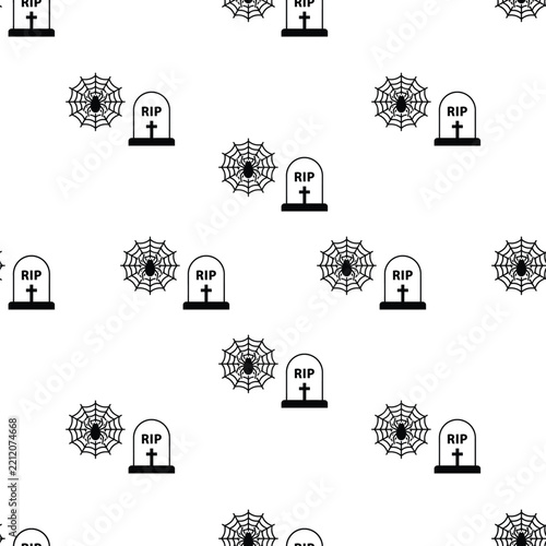 Halloween seamless pattern with tombstones and spider webs.