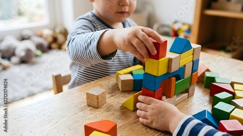Child Hands Building a Tower with Colorful Wooden Blocks