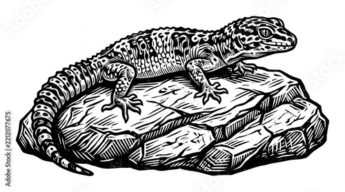 Leopard gecko lizard resting on a stone rock woodcut illustration