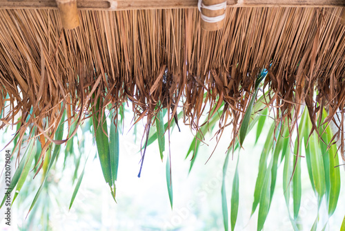 Close up of a traditional thatched roof made from dried reeds or straw