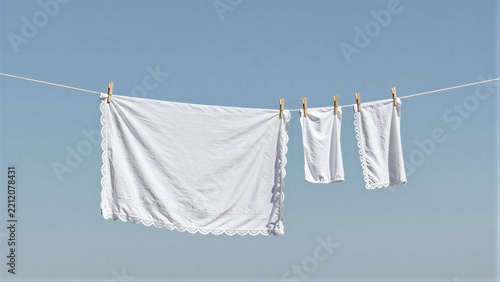White linens hang drying on a line against clear blue sky.