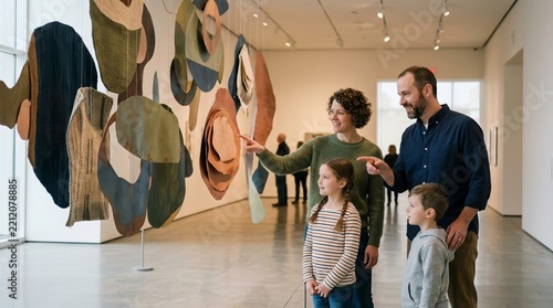 Family enjoys modern art exhibition pointing at abstract sculpture in a contemporary museum gallery