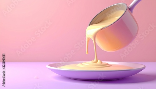 Creamy sauce being poured from a small pot onto a plate, creating a smooth, flowing stream of liquid.