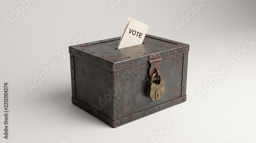 Metal ballot box with a paper vote card inserted on a white background