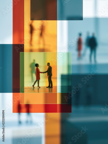 Business partnership background concept with handshake and colorful glass composition