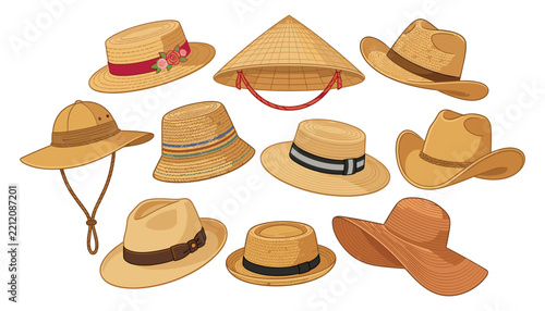 PrintVector set of various straw and summer hats including cowboy fedora conical panama safari and beach sunhat collection isolated on white background