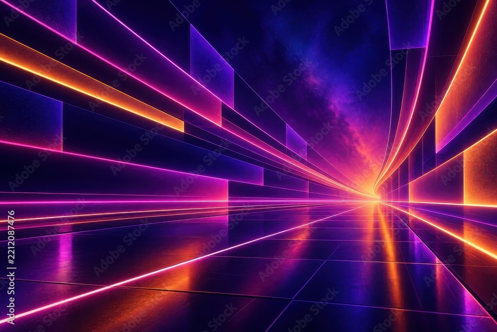 Fototapeta premium Vibrant neon light tunnel with futuristic glowing perspective