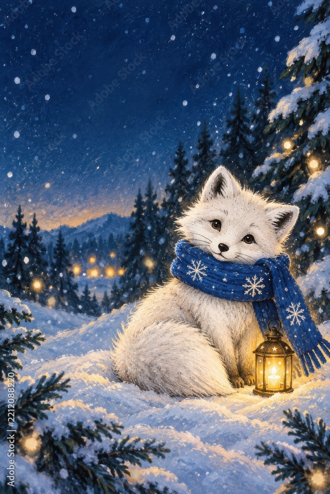 Obraz premium Adorable arctic fox with lantern in snowy winter forest