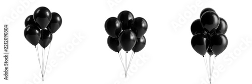 Set of Several glossy black balloons clustered together with long strings on transparent png background. Ai generated