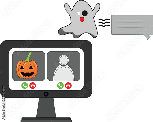 Cute Halloween themed illustration of a ghost and a pumpkin during a virtual video call on a computer monitor