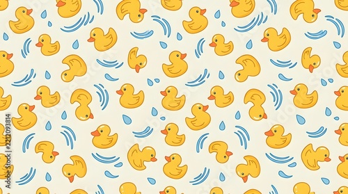 Seamless pattern featuring cute yellow rubber ducks and water splashes