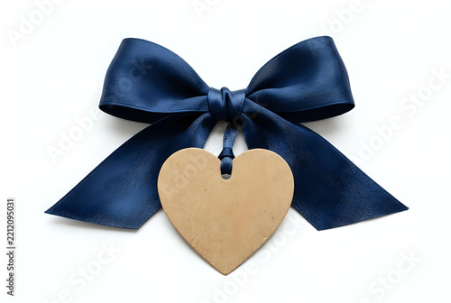 Studio Top View Navy Blue Satin Ribbon Bow With Gold Heart Tag For Gift Decoration
