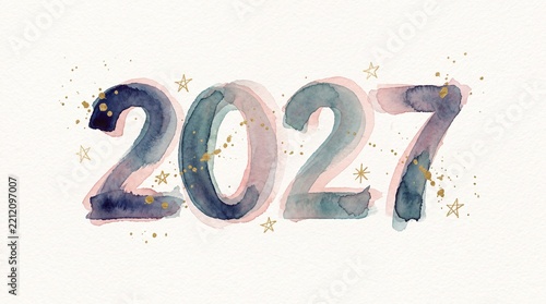 Watercolor 2027 New Year typography illustration, festive pastel 2027 numbers with gold star sparkles, artistic holiday background