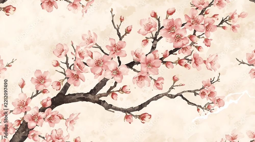 Fototapeta premium Beautiful watercolor cherry blossoms with natural branches and buds.