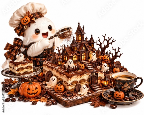 Whimsical Halloween-themed digital illustration of a ghost chef decorating a haunted tiramisu dessert with haunted house and pumpkins, perfect for festive decoration or party invitation