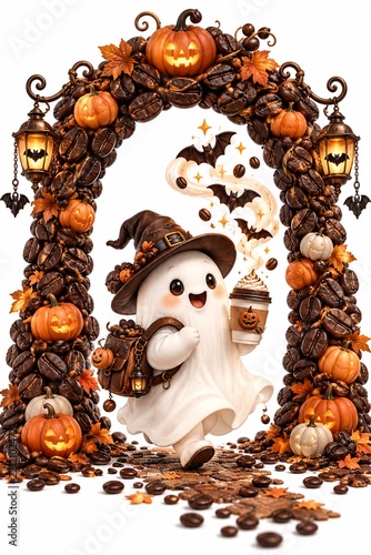 Vertical whimsical Halloween-themed digital illustration featuring cute ghost carrying coffee amidst coffee bean pumpkin archway for seasonal decoration concepts