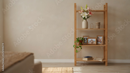  Shelving unit with vase of lily flowers and photo frames near beige wall in room, created with generative ai