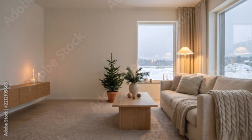Modern minimalist living room with beige sofa, wooden furniture, indoor plants, and large windows overlooking a city landscape. Photo interior  with warm natural lighting, ideal for home decor