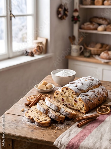 Fresh sliced bread stollen with powdered sugar, dried fruit, nuts, and a warm cup of coffee on a rustic wooden table. Cozy photo food with soft natural light, holiday food, cafes, and seasonal recipes