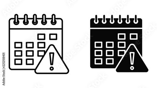 Calendar with exclamation mark alert icon set isolated on white background
