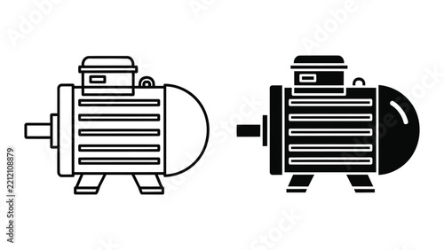 Industrial electric motor outline and solid vector icon set isolated on white
