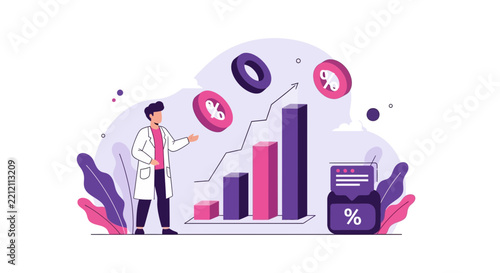 Business analyst analyzing rising bar chart with percentage icons and financial growth metrics